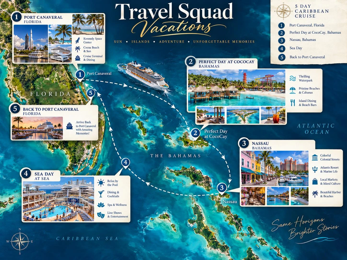 Map of the 4-night Bahamas itinerary from Port Canaveral to CocoCay and Nassau