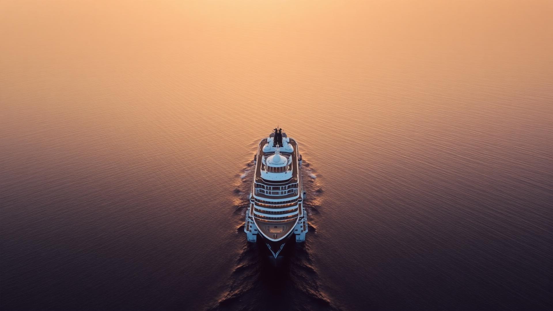 Aerial view of a luxury cruise ship at sea during golden hour
