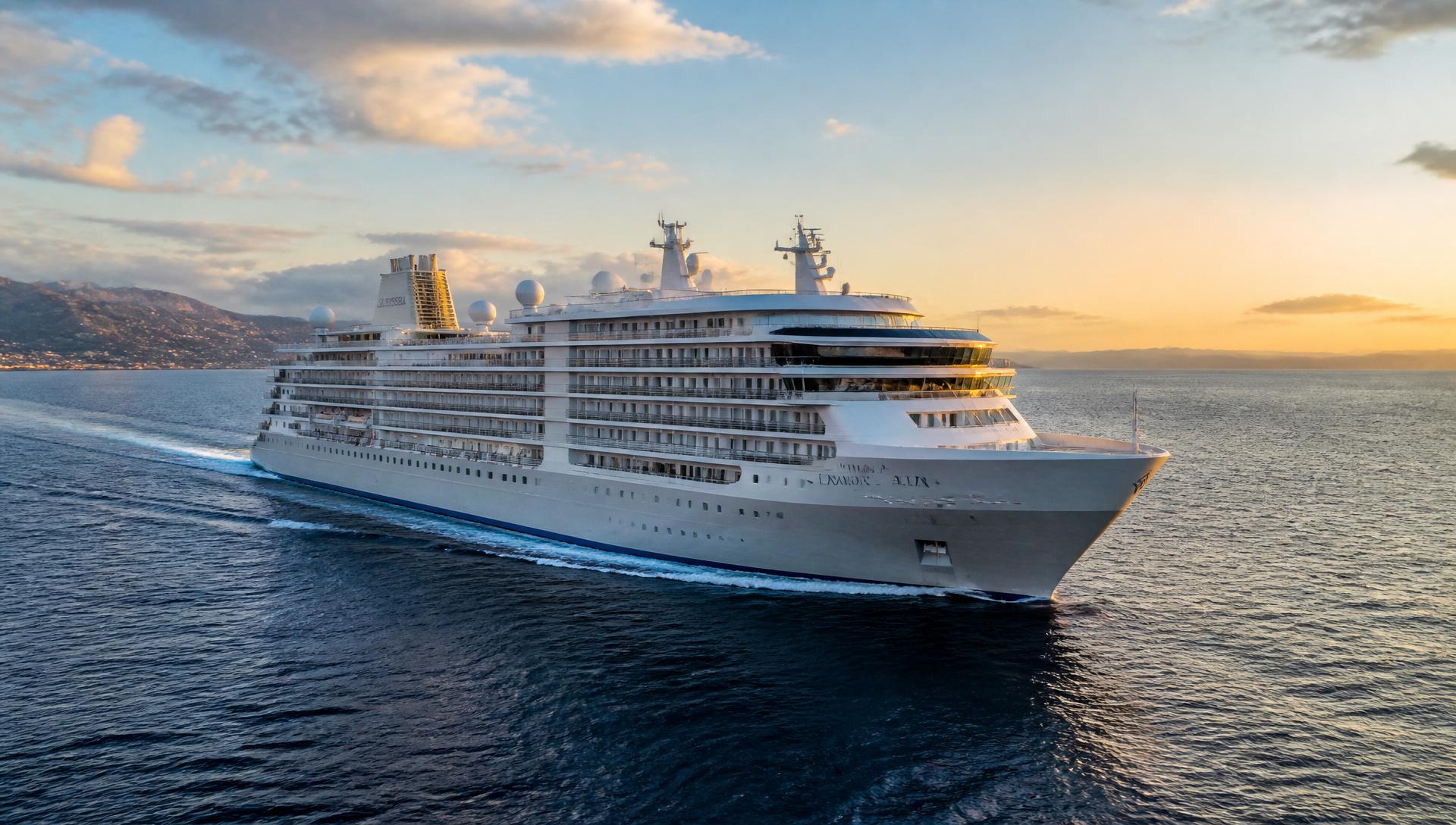 Silversea ultra-luxury cruise ship sailing at golden hour — Silversea Classic ocean fleet
