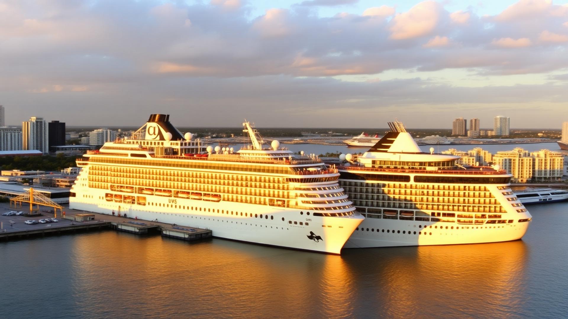 A cruise ship docked at Port Tampa Bay at golden hour with the downtown Tampa skyline behind it